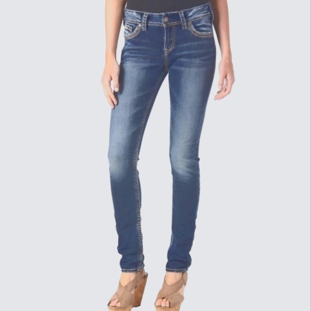 Y2K Silver Jeans Suki Mid Pencil Skinny Low Rise Medium Wash Faded Flap Pockets